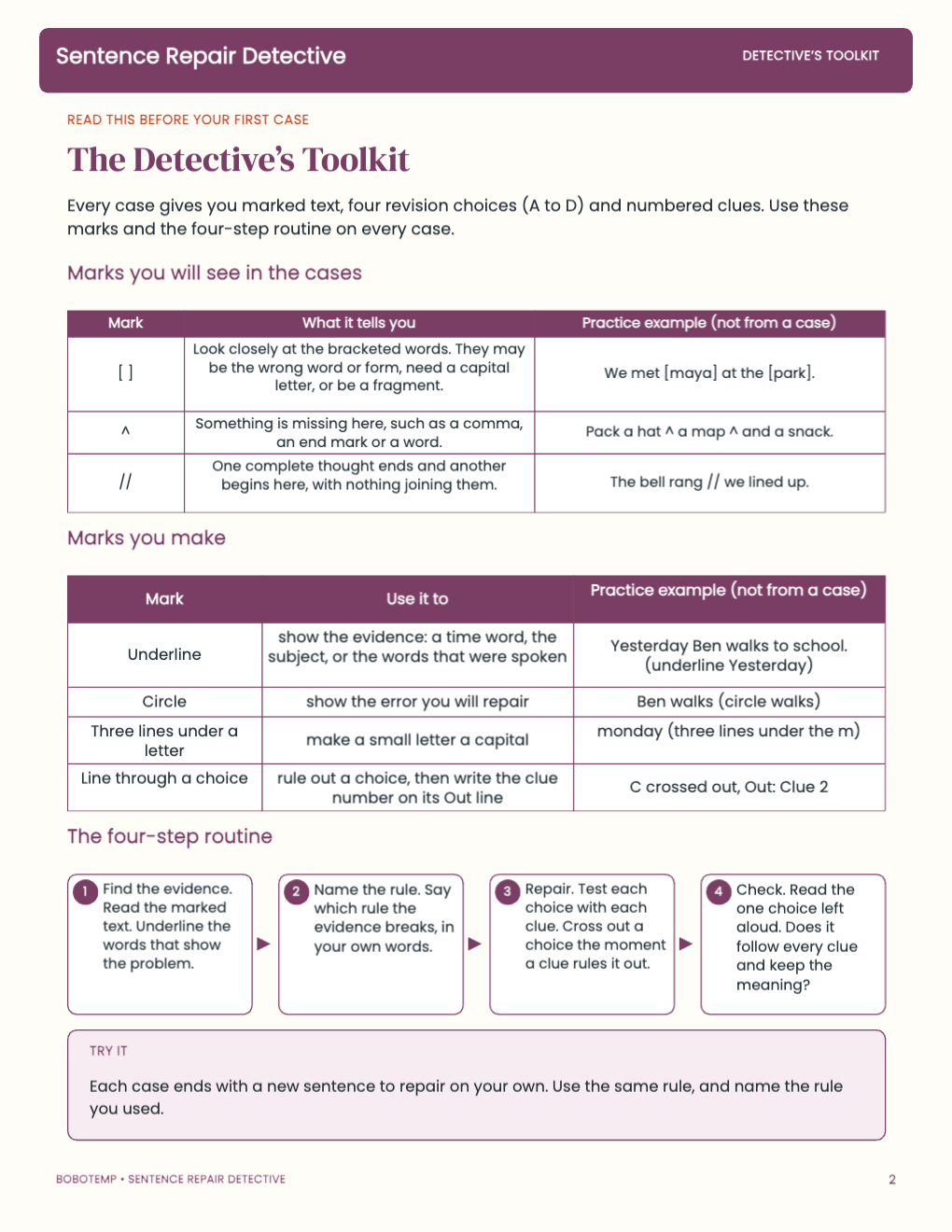 Sentence Repair Detective free starter guide page