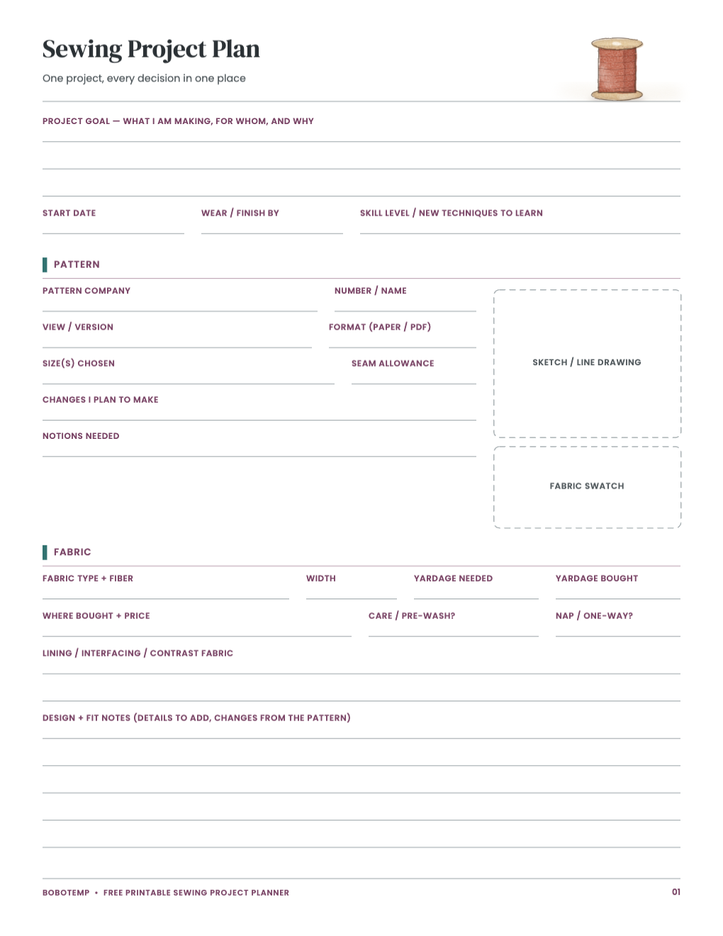 Sewing project plan for pattern and fabric