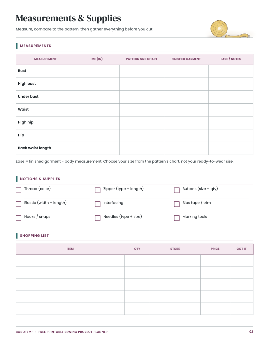 Measurements, notions and supply list