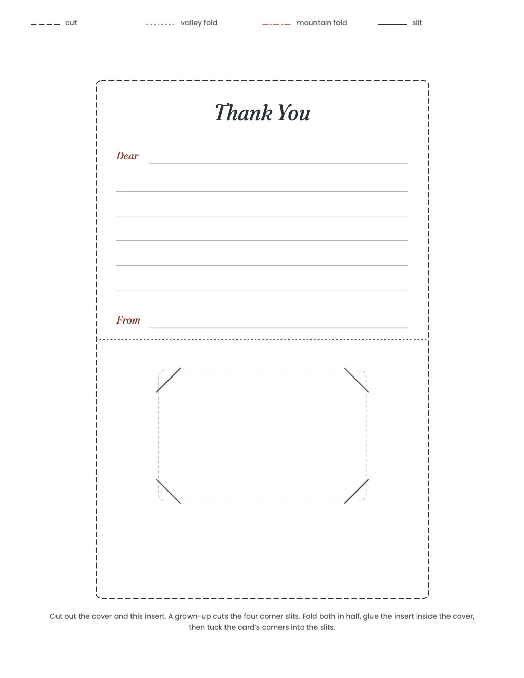 Simple insert with four corner slits for a gift card and Dear and From lines
