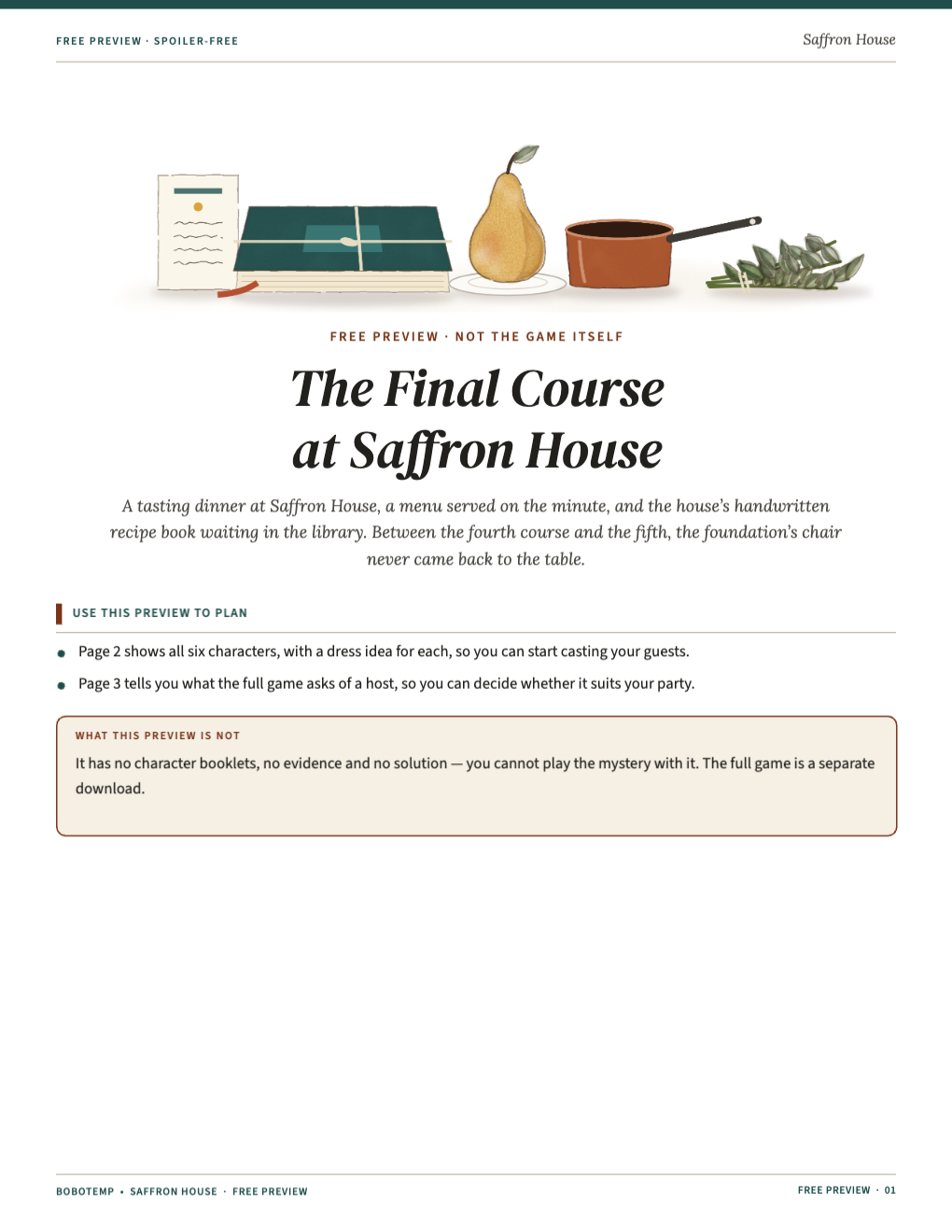 Cover of the free preview with a menu card, a closed recipe book, a pear on a plate, a copper saucepan and a bunch of herbs