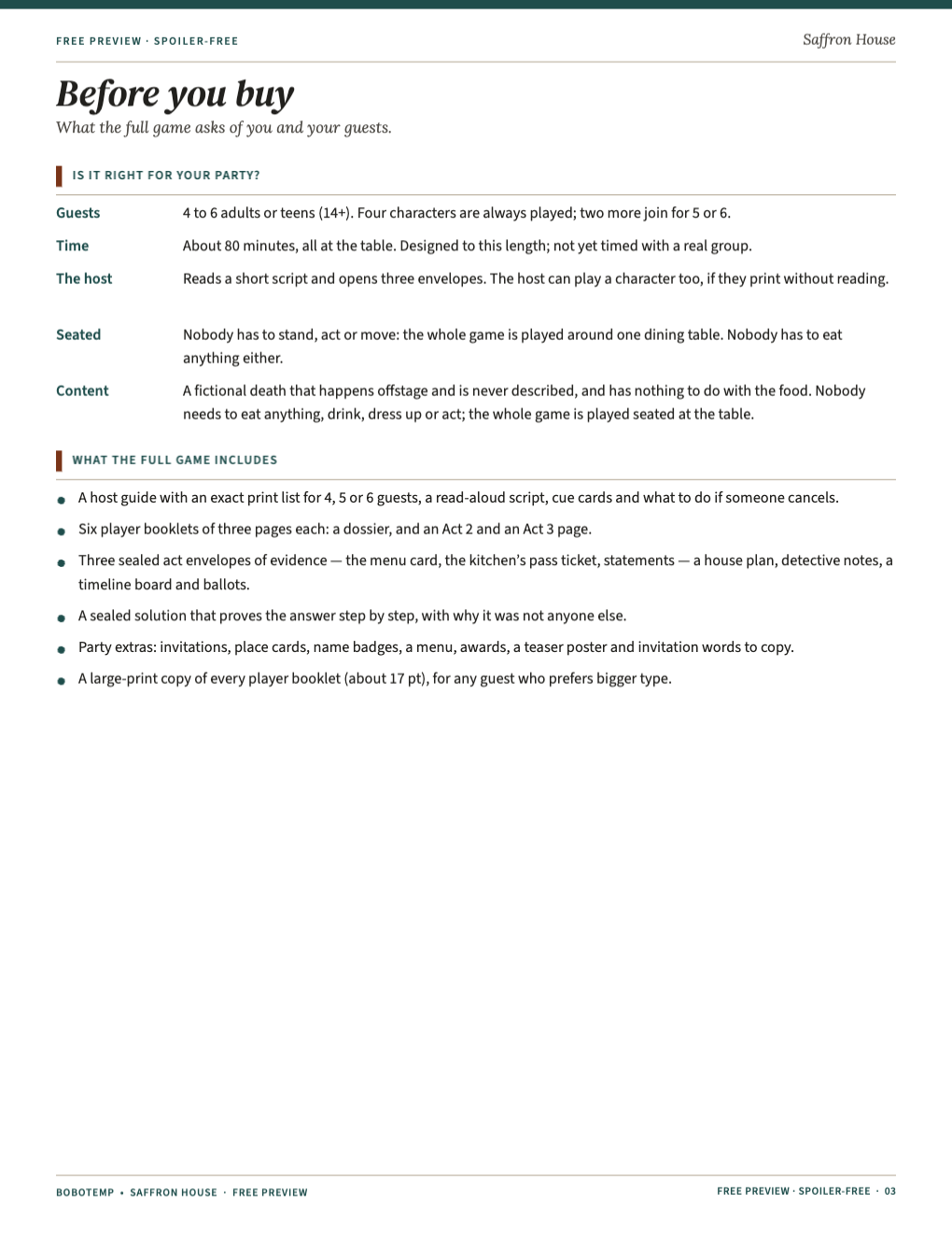 Planning page: guests, time, the host’s role and what the full game includes