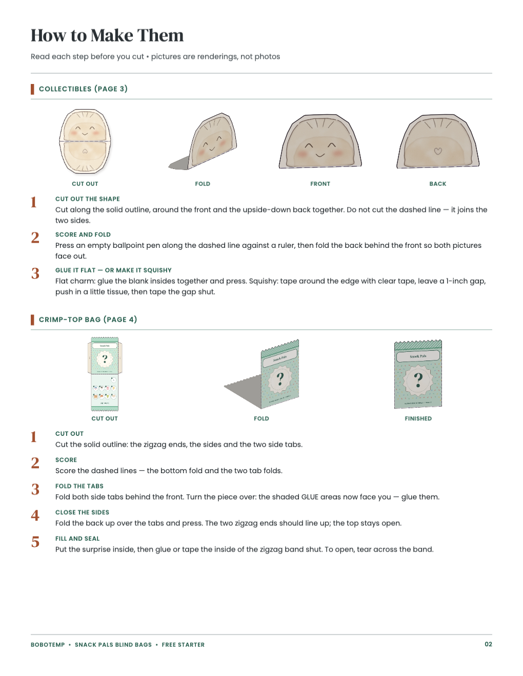 Pictured steps (renderings) for making the collectible and the bag