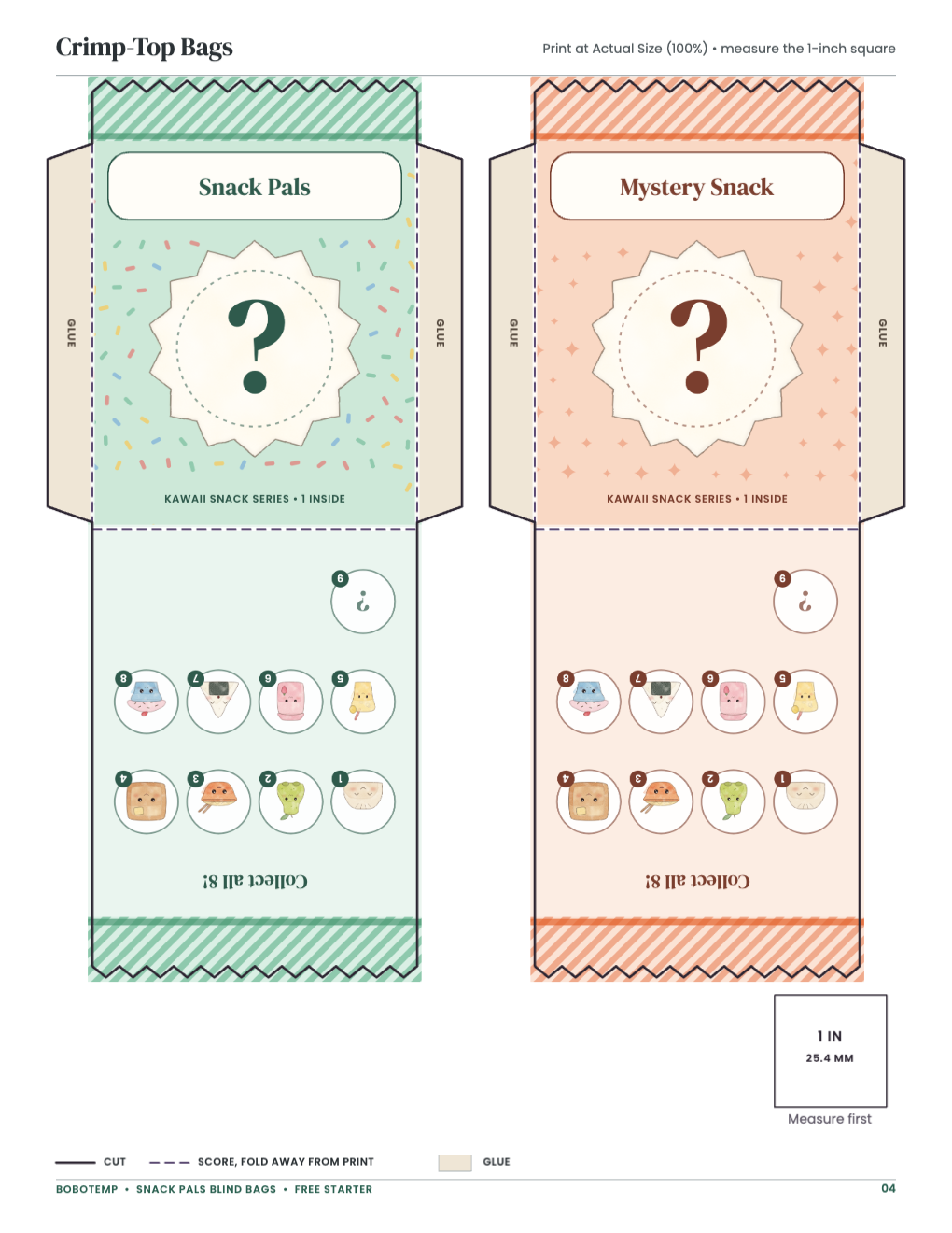 Crimp-Top Bags: bag templates with cut, score and glue lines and a 1-inch square