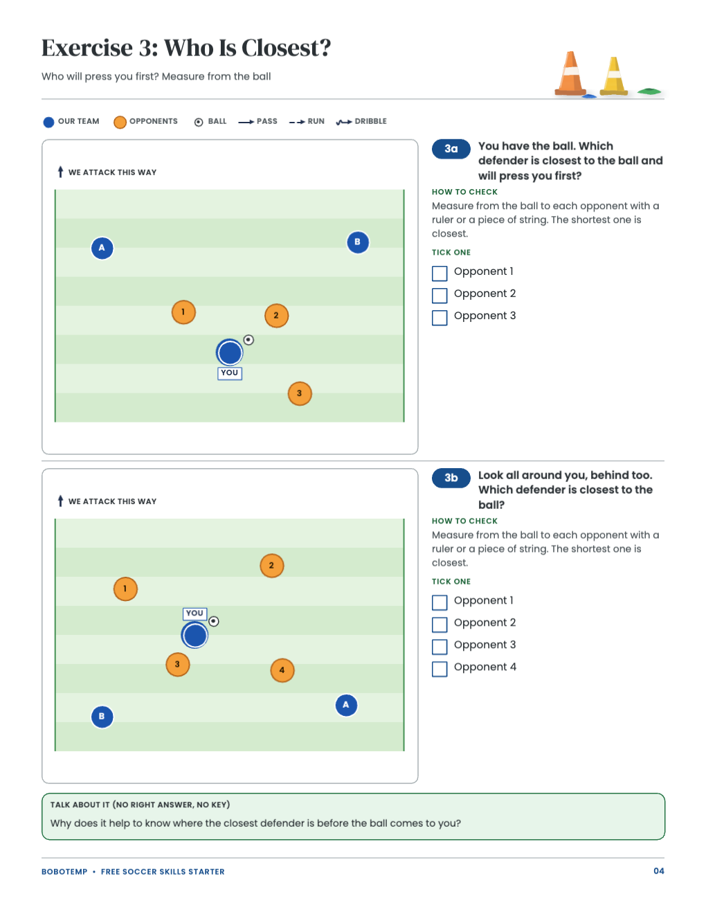 Exercise 3, Who Is Closest: two diagrams where children measure from the ball to each numbered opponent to find who will press first