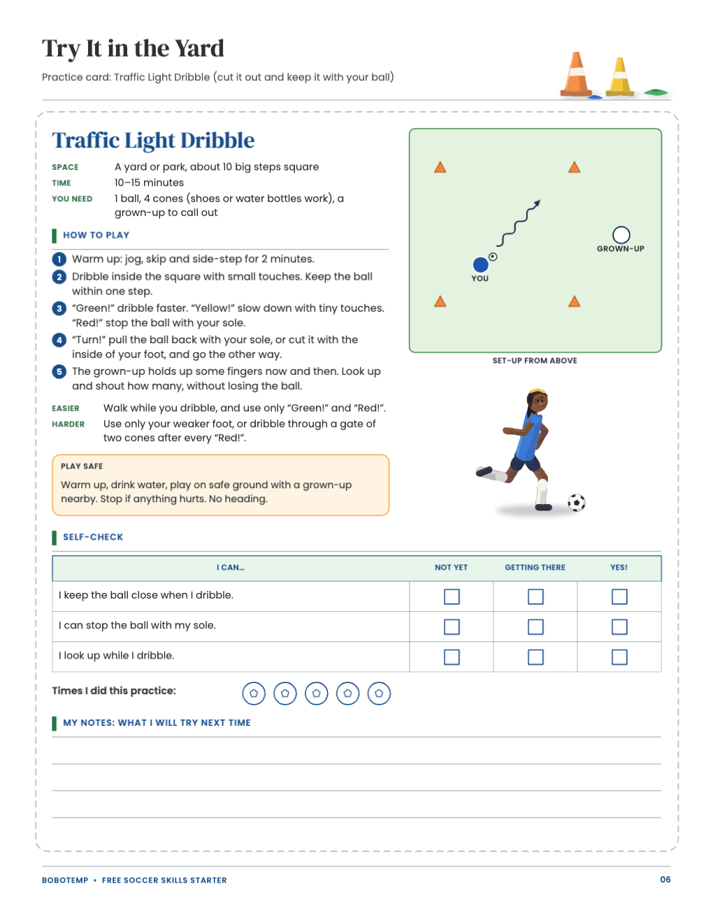 Traffic Light Dribble practice card with space, time, equipment, five steps, easier and harder versions, a setup sketch, a self-check and notes lines