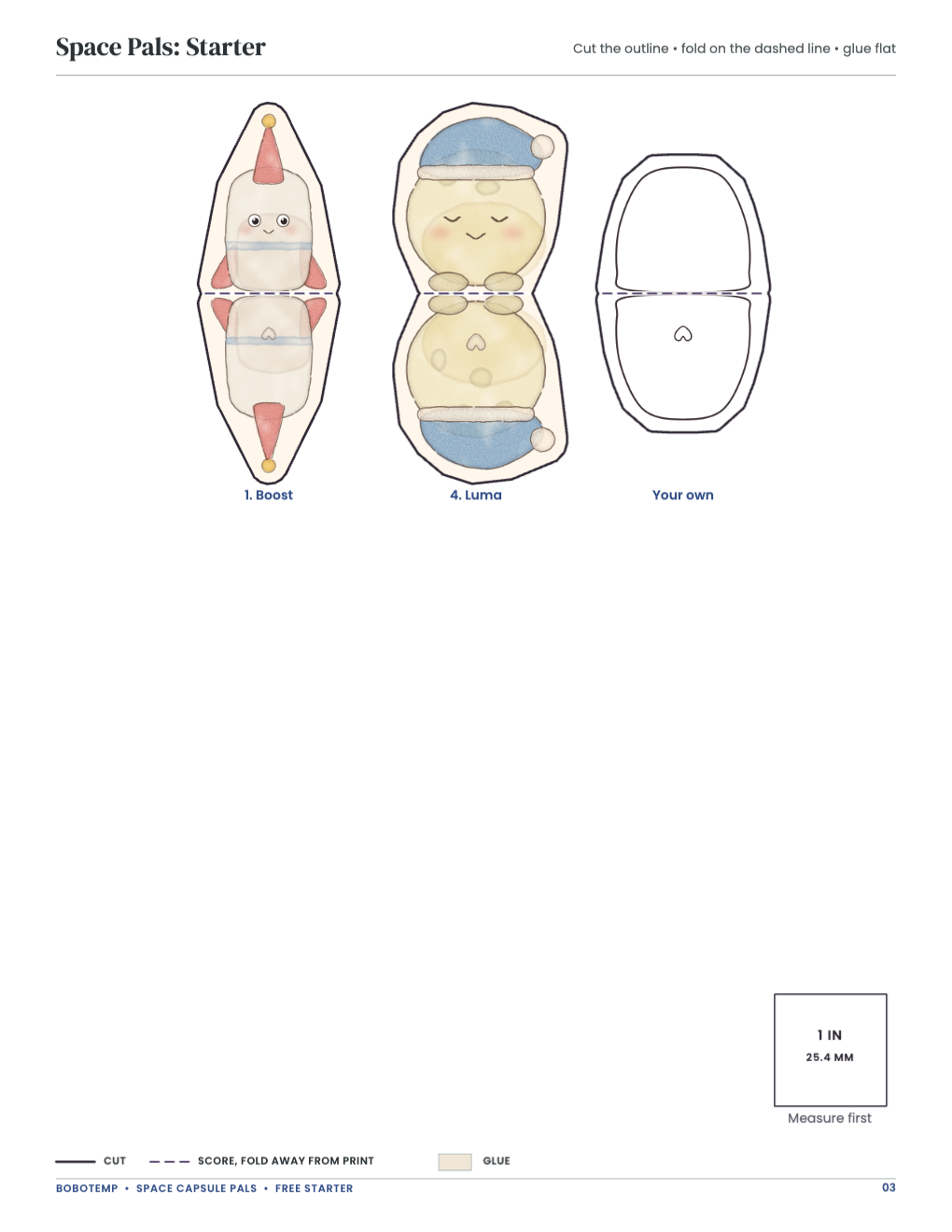 Space Pals: Starter: collectibles with cut and fold lines and a blank to design