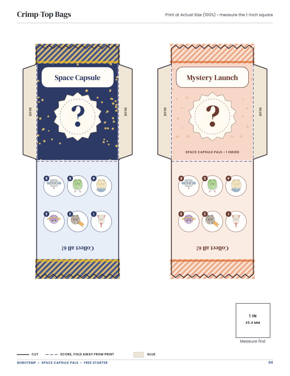 Crimp-Top Bags: bag templates with cut, score and glue lines and a 1-inch square
