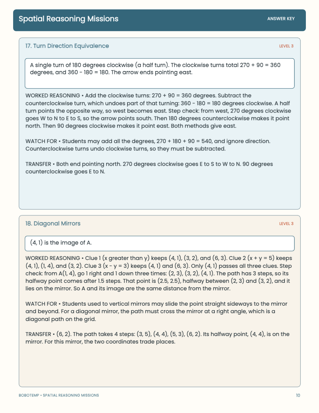 Spatial Reasoning Missions worked answer page