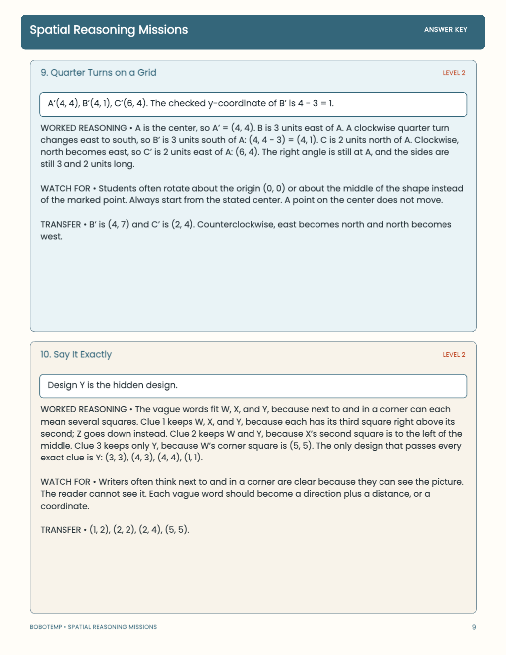 Spatial Reasoning Missions worked answer page