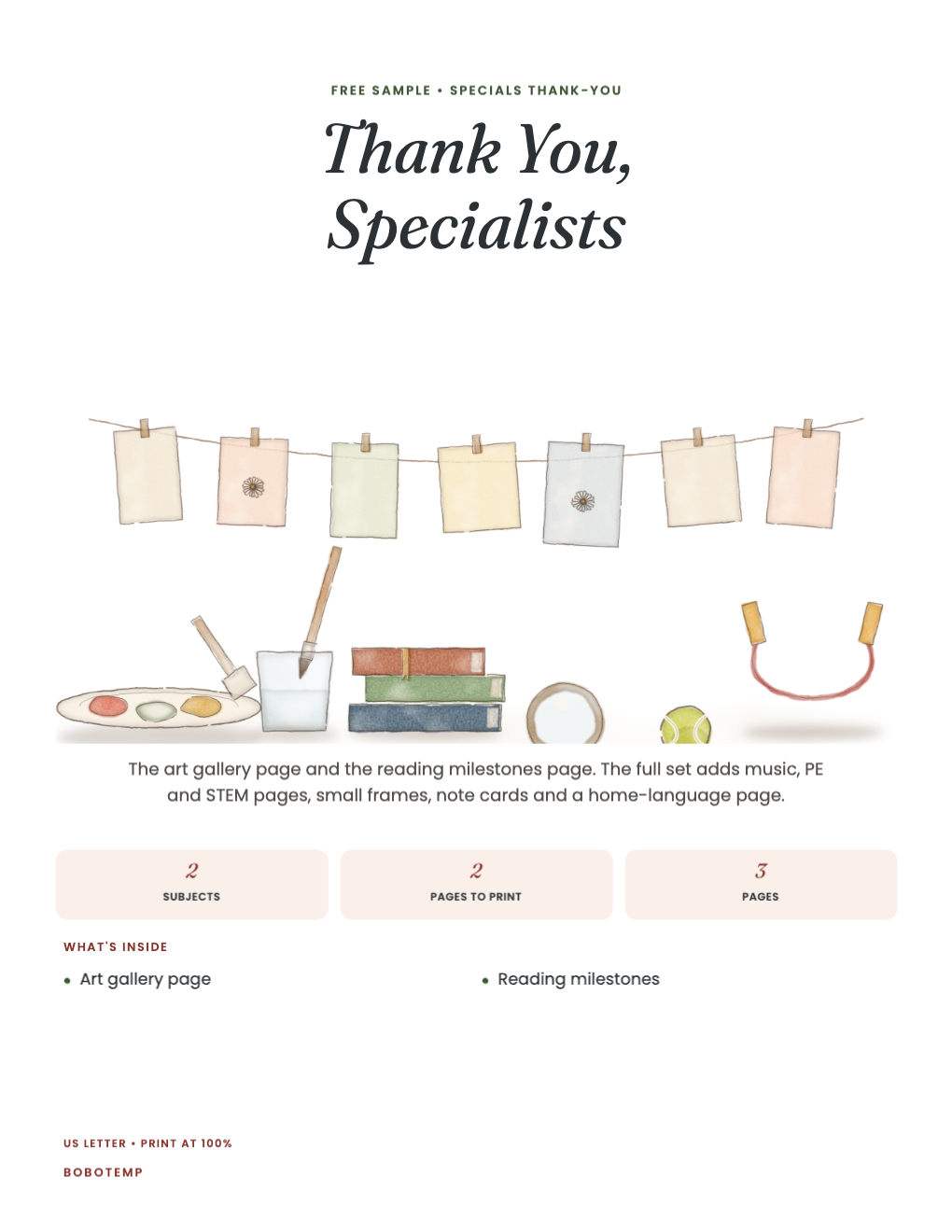Thank You, Specialists sampler cover with paints, books, a magnifier, a ball and a jump rope