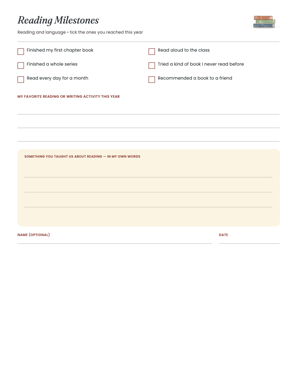 Reading Milestones: six tick-box milestones and two writing boxes