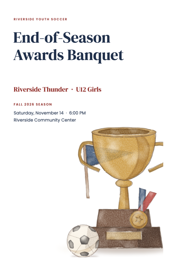 Banquet program cover with a painted trophy, medal, pennant and soccer ball