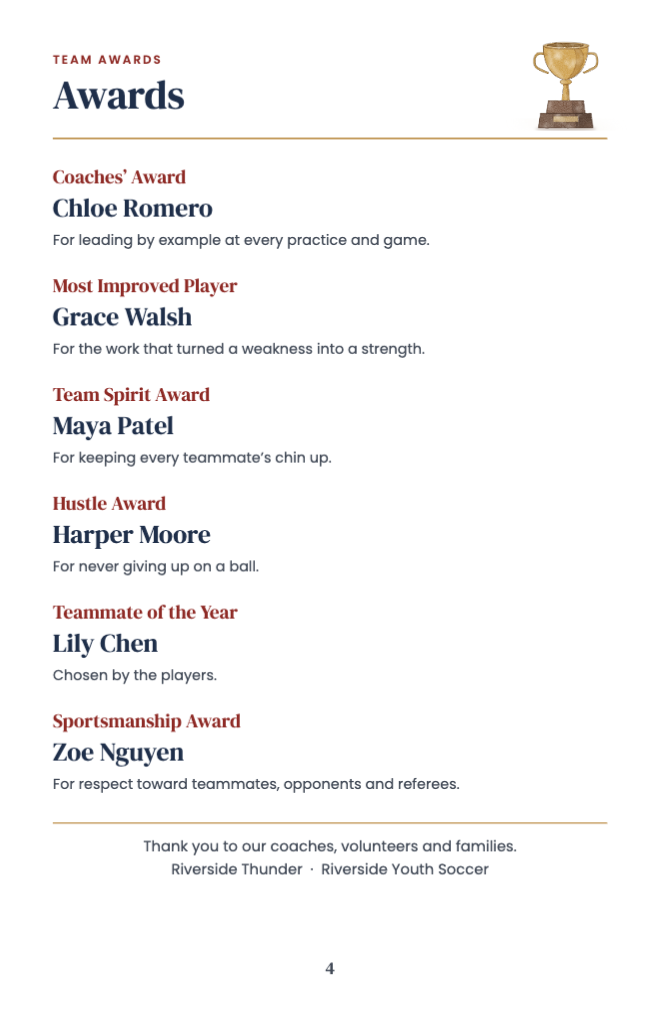 Team awards with the reason for each and a thank-you line