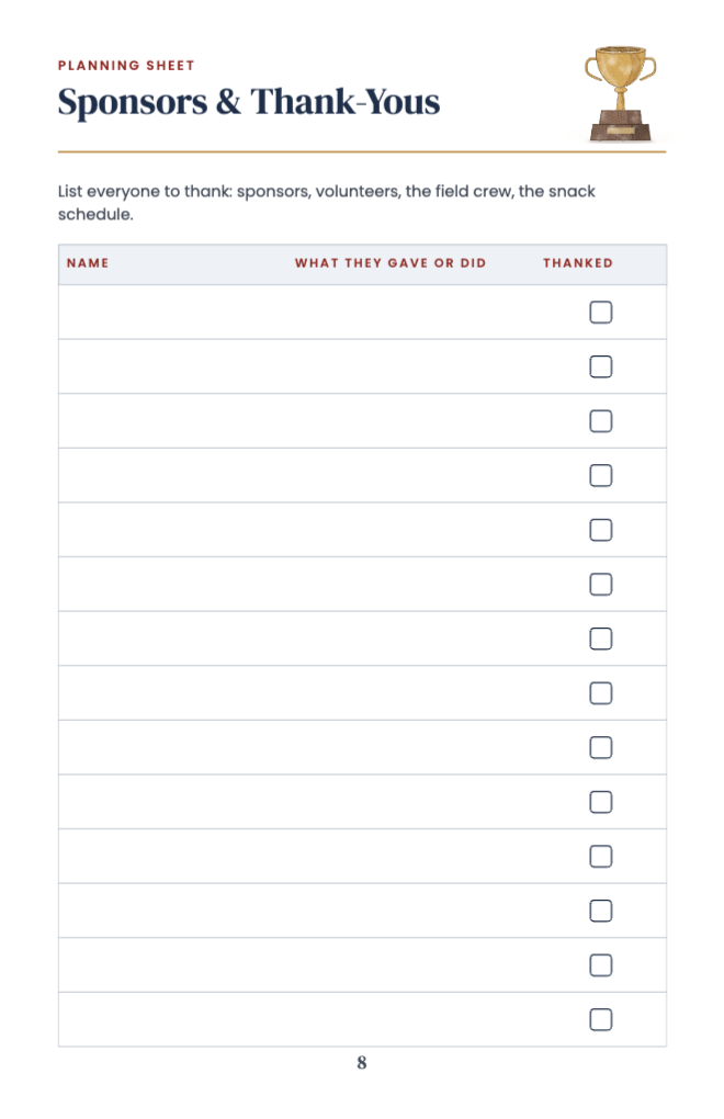 Sponsor and thank-you tracker table