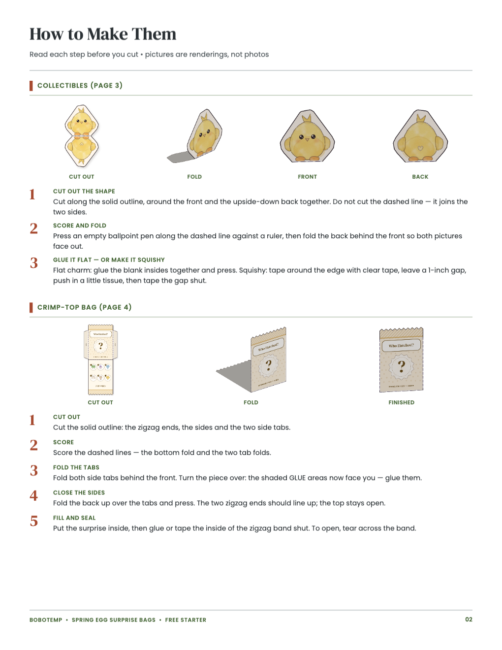 Pictured steps (renderings) for making the collectible and the bag