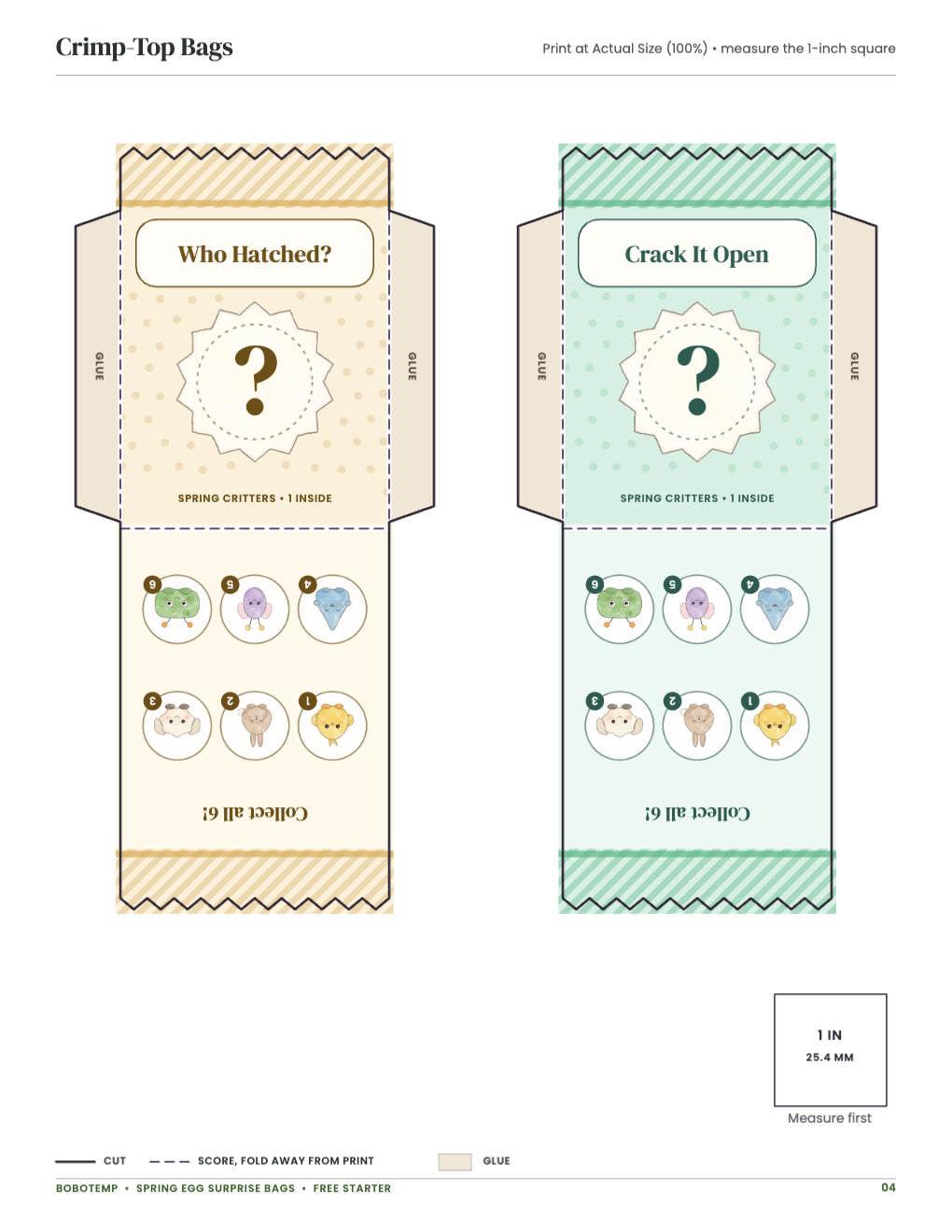 Crimp-Top Bags: bag templates with cut, score and glue lines and a 1-inch square