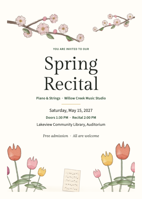 Spring recital invitation front with a blossom branch, tulips and sheet music