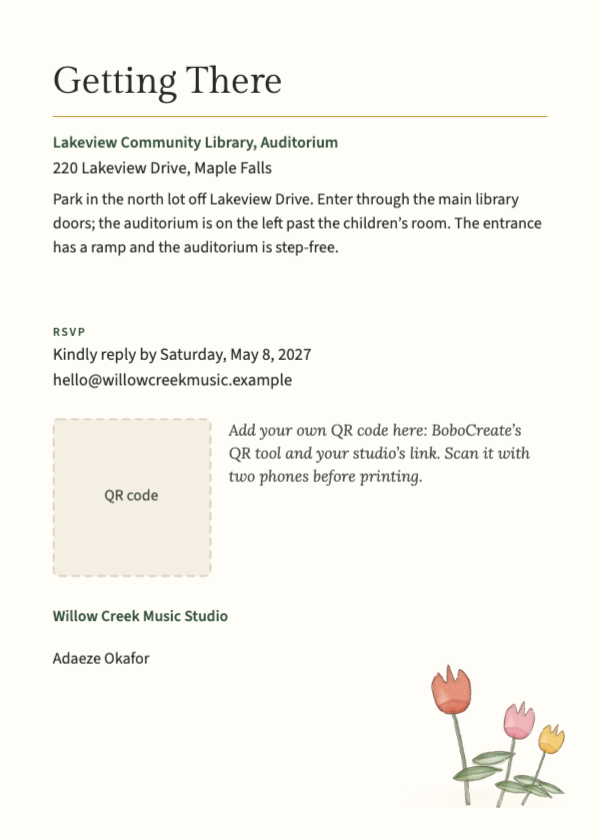 Invitation back with directions, RSVP and a labeled QR code spot