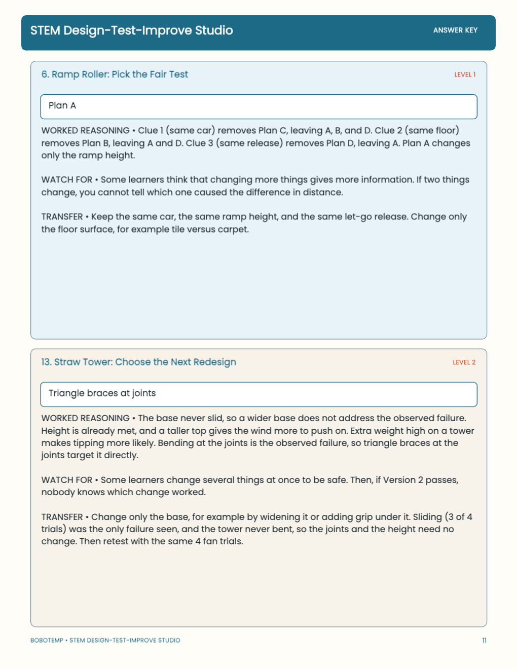 STEM Design-Test-Improve Studio worked answer page