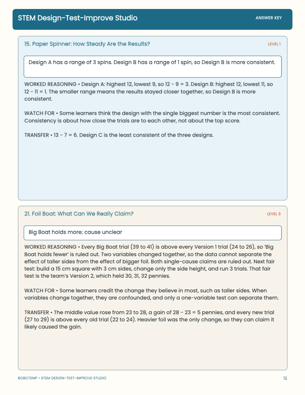 STEM Design-Test-Improve Studio worked answer page
