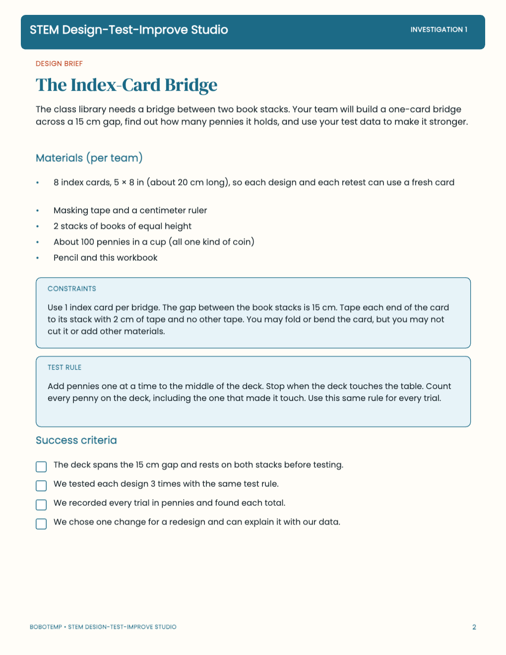 STEM Design-Test-Improve Studio free starter guide page