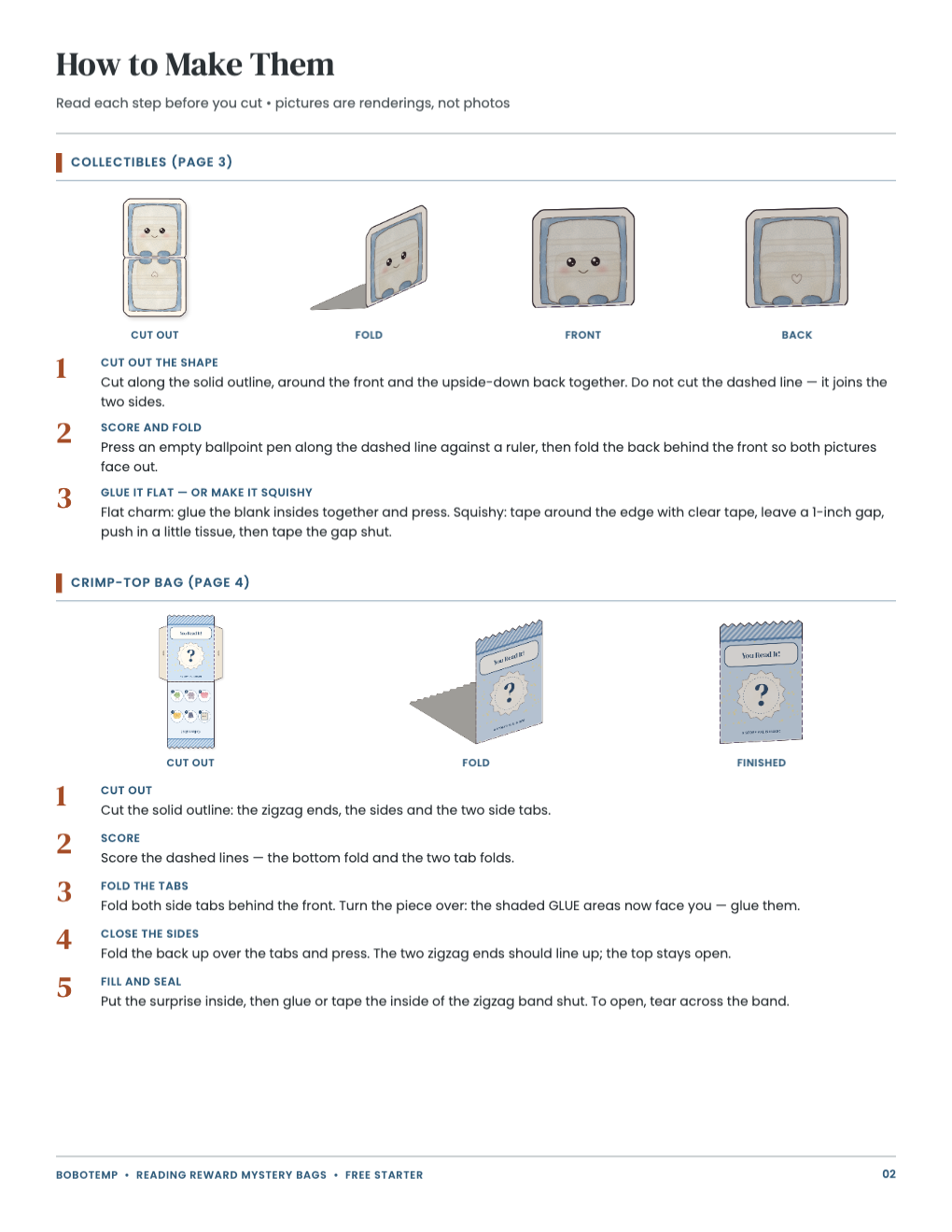 Pictured steps (renderings) for making the collectible and the bag
