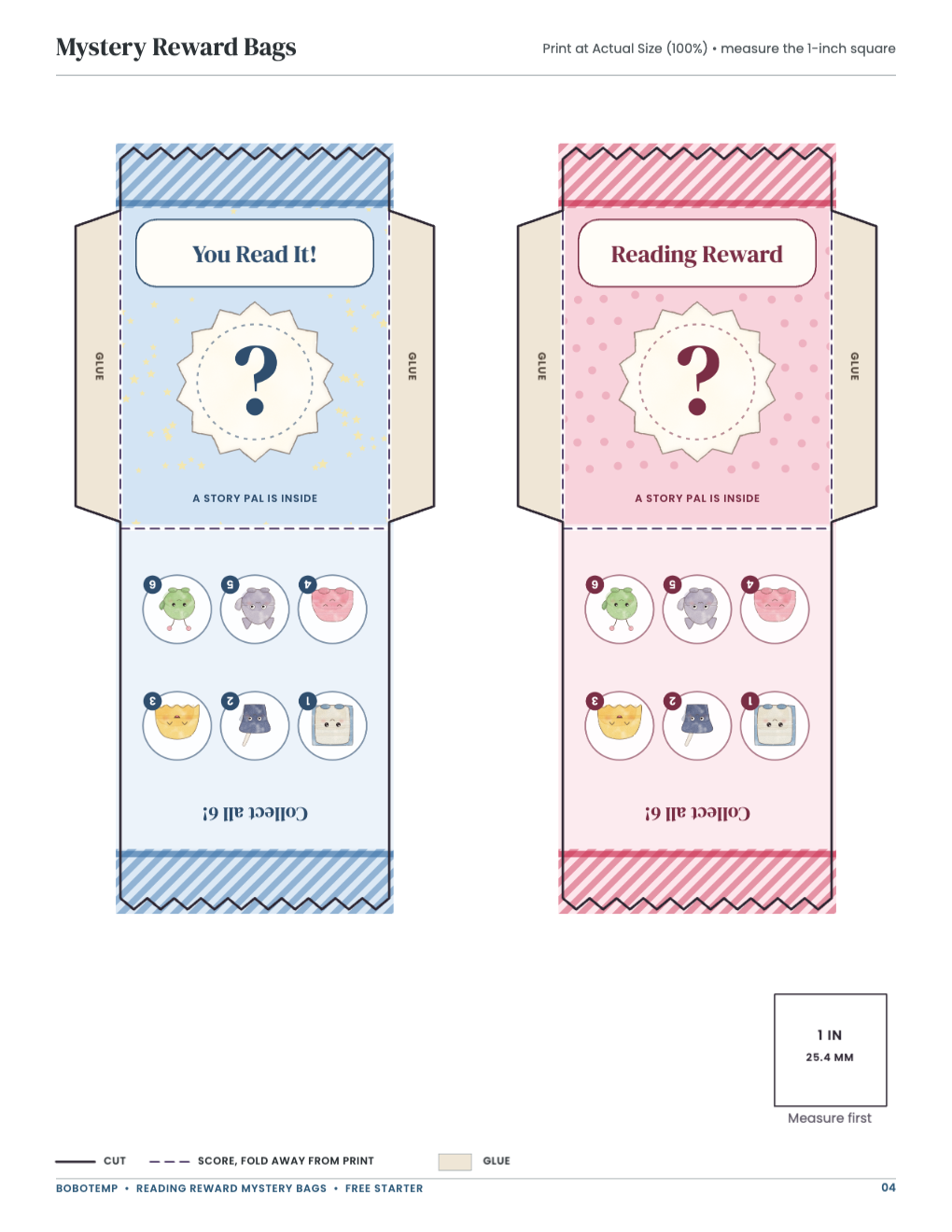 Mystery Reward Bags: bag templates with cut, score and glue lines and a 1-inch square