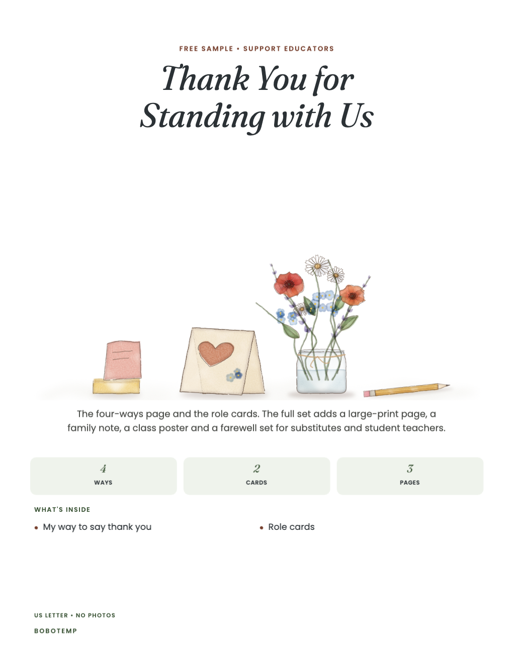 Thank You for Standing with Us sampler cover with a painted card, a jar of flowers and a pencil