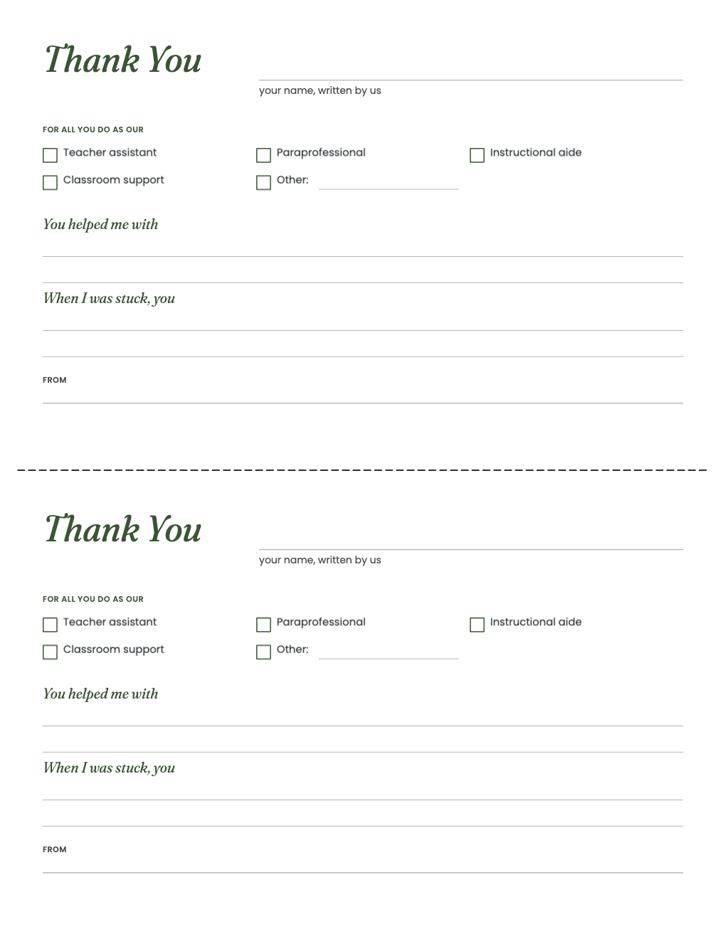 Two role cards for assistants and paraprofessionals with prompts
