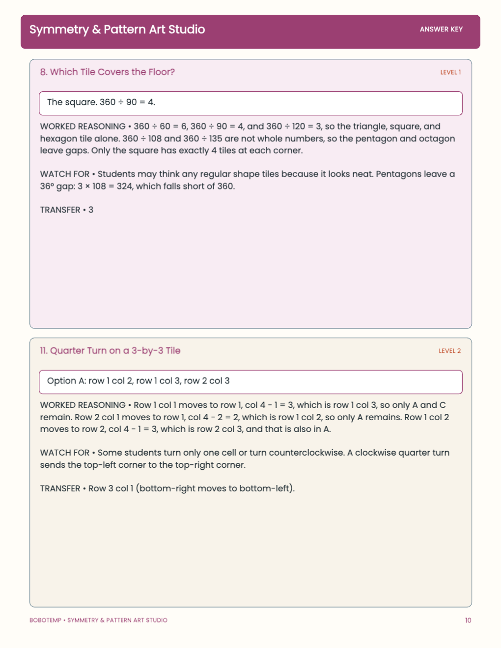 Symmetry & Pattern Art Studio worked answer page