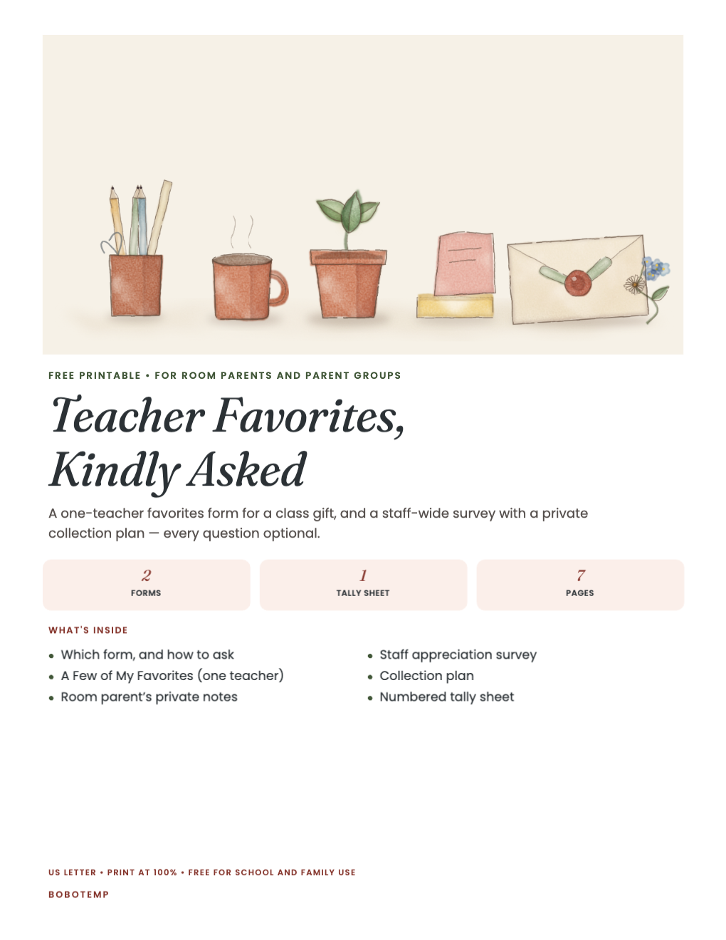 Teacher Favorites, Kindly Asked cover with painted pencil cups, a mug, a plant and a card