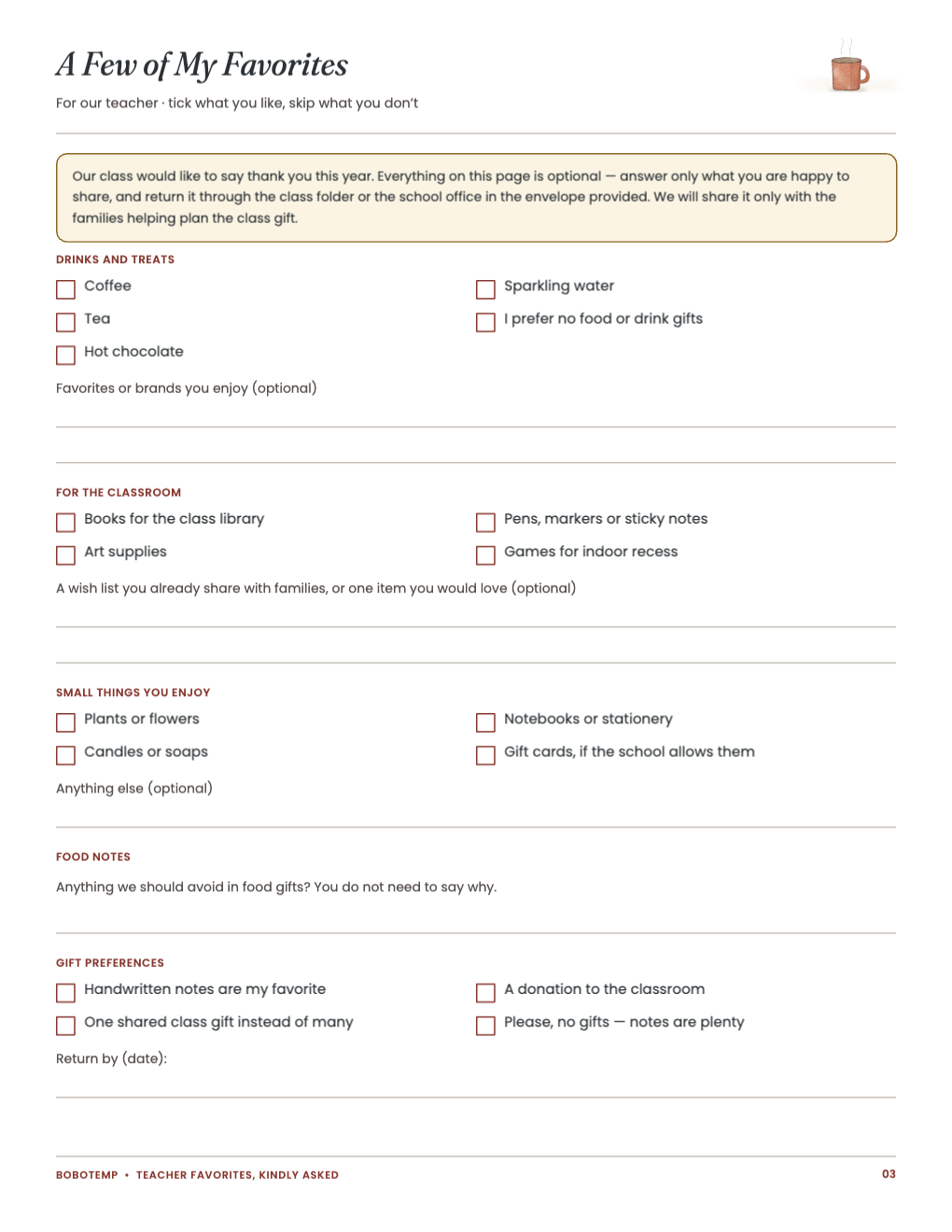 A Few of My Favorites: tick boxes for drinks, classroom items and gift preferences