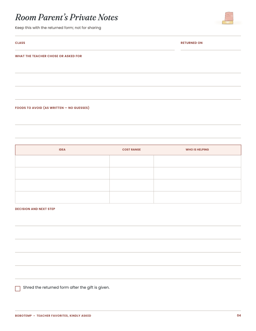 Room Parent’s Private Notes for the returned form