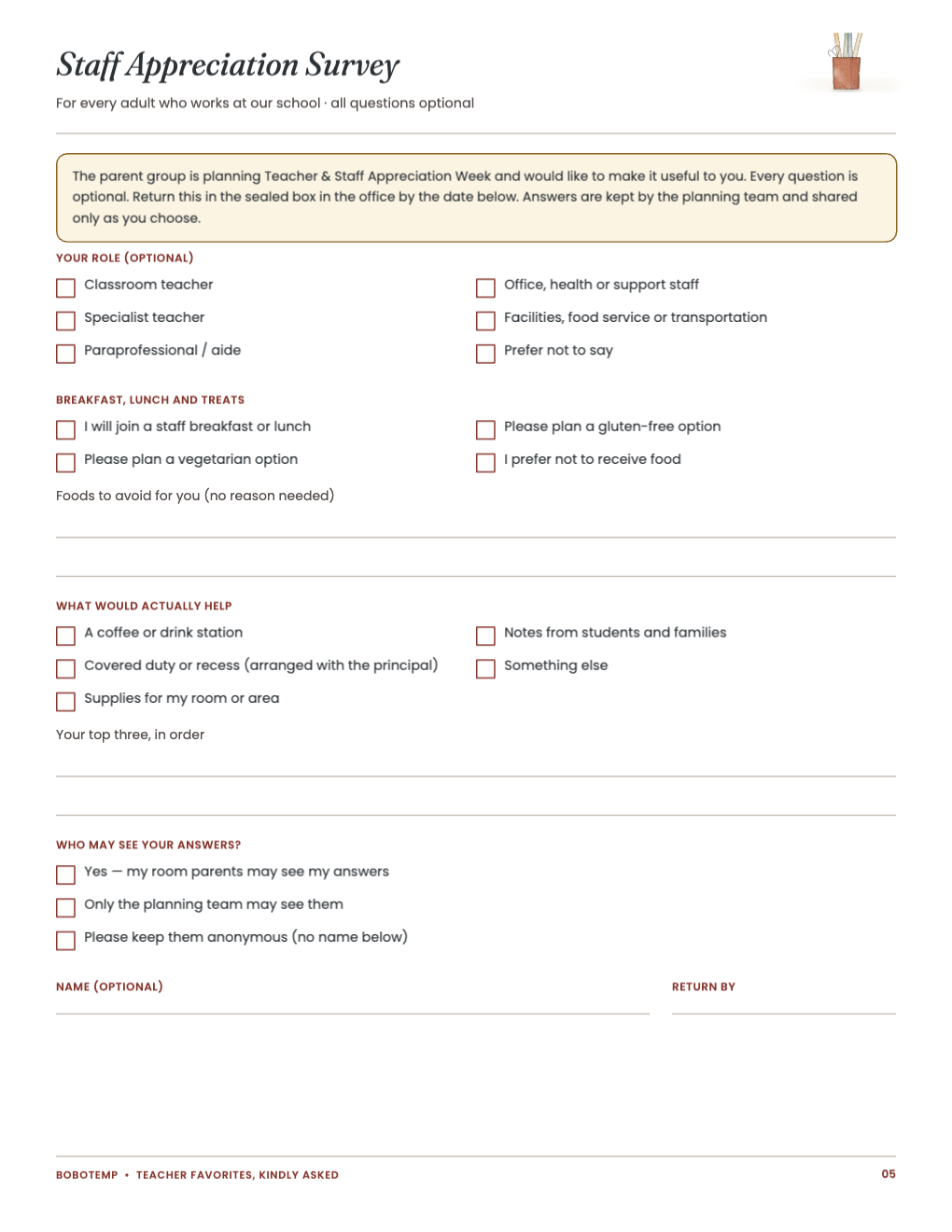 Staff Appreciation Survey for every adult at school, all questions optional