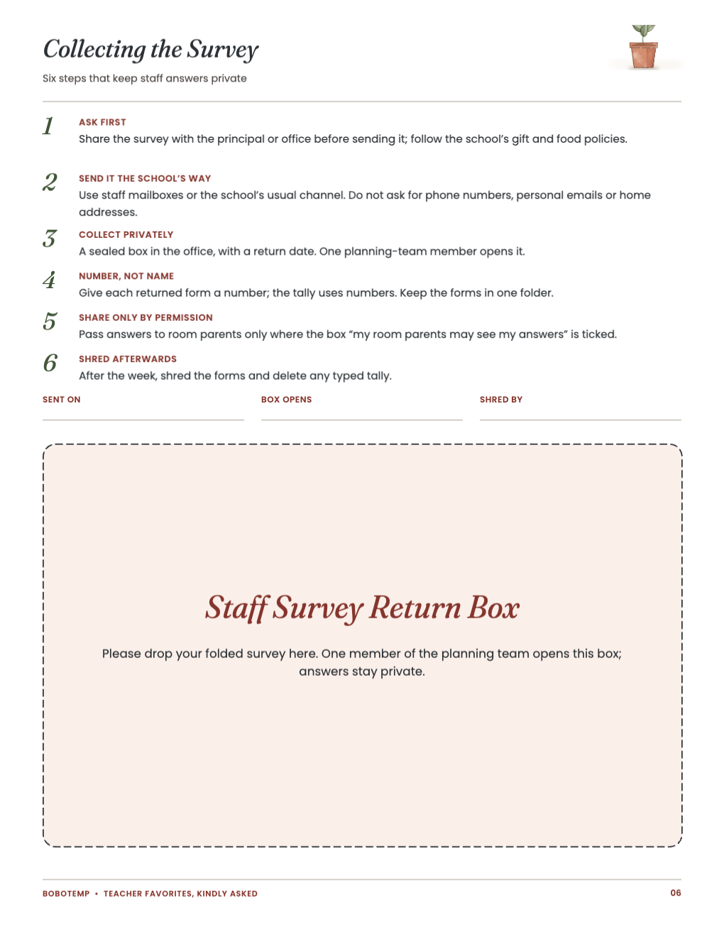Collecting the Survey: six private steps and a return-box sign