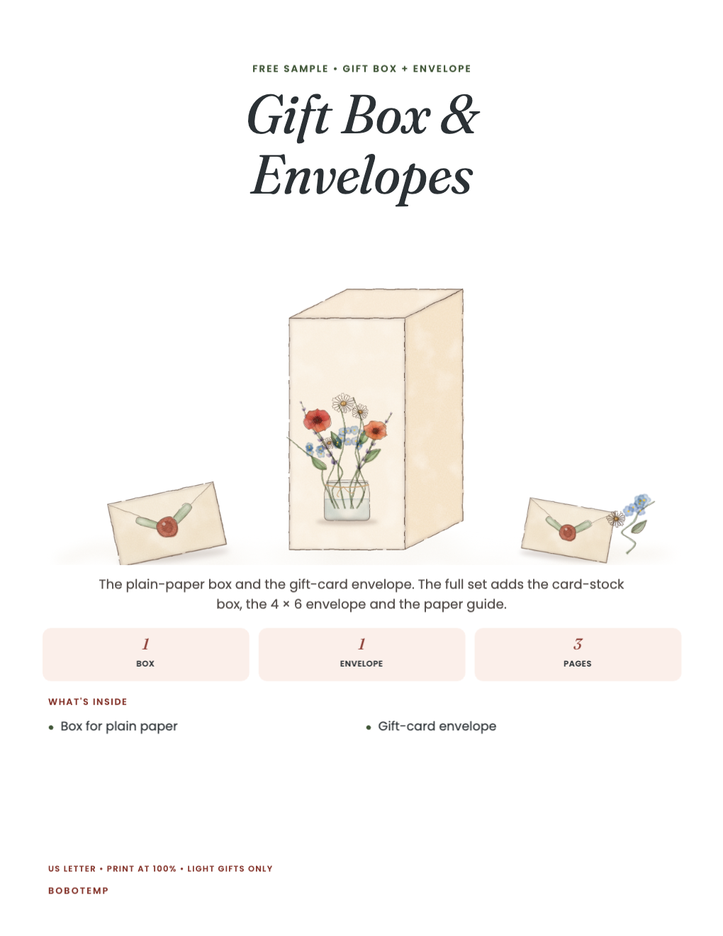 Gift Box & Envelopes sampler cover with a painted tuck box and envelopes
