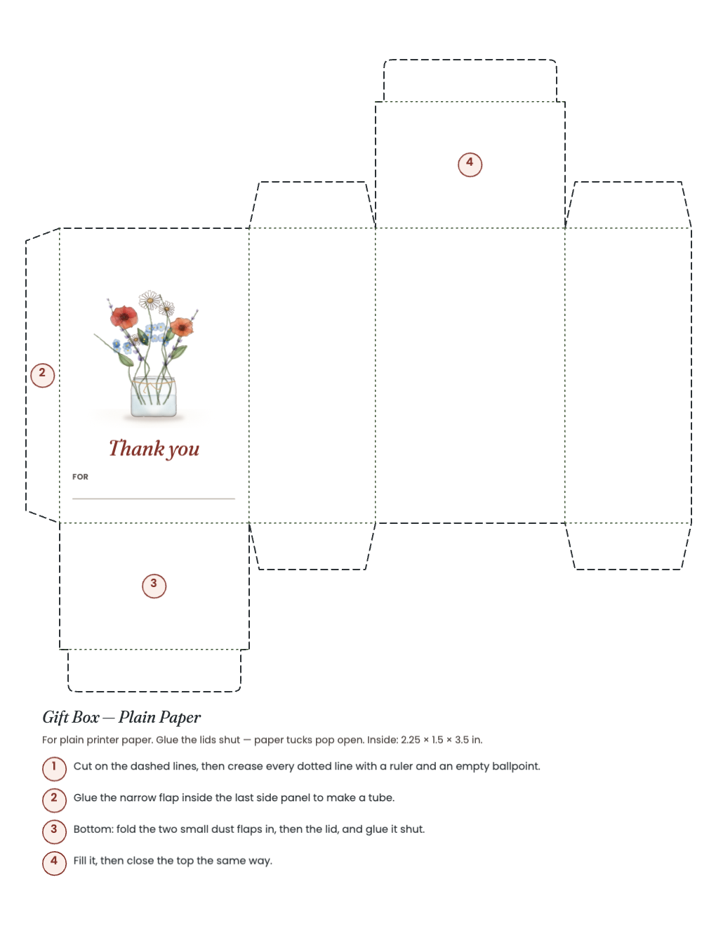 Plain-paper gift box net with four numbered steps and a Thank you front panel