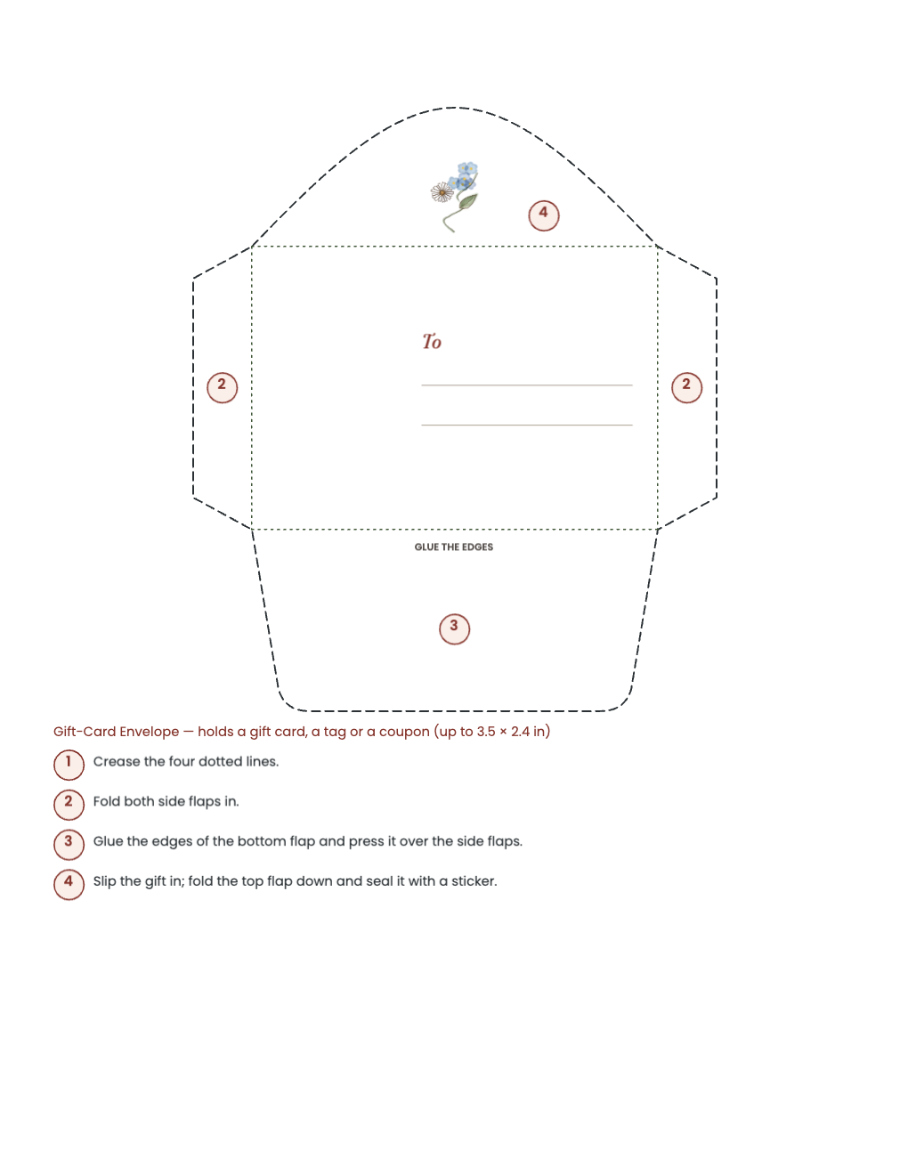 Gift-card envelope net with folding steps and a To line