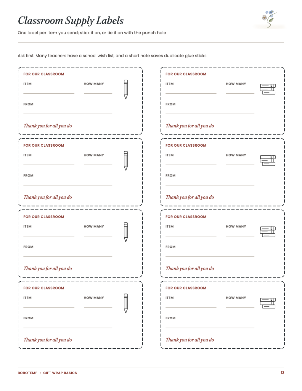 Classroom supply labels, eight per sheet