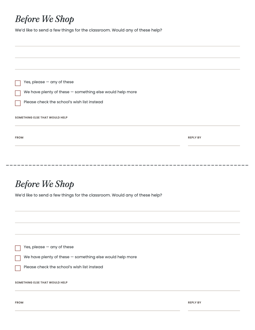 Before We Shop note asking the teacher first, two per sheet
