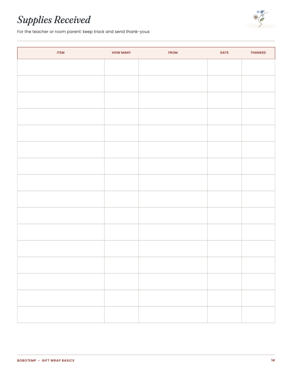 Supplies Received list for sending thank-yous
