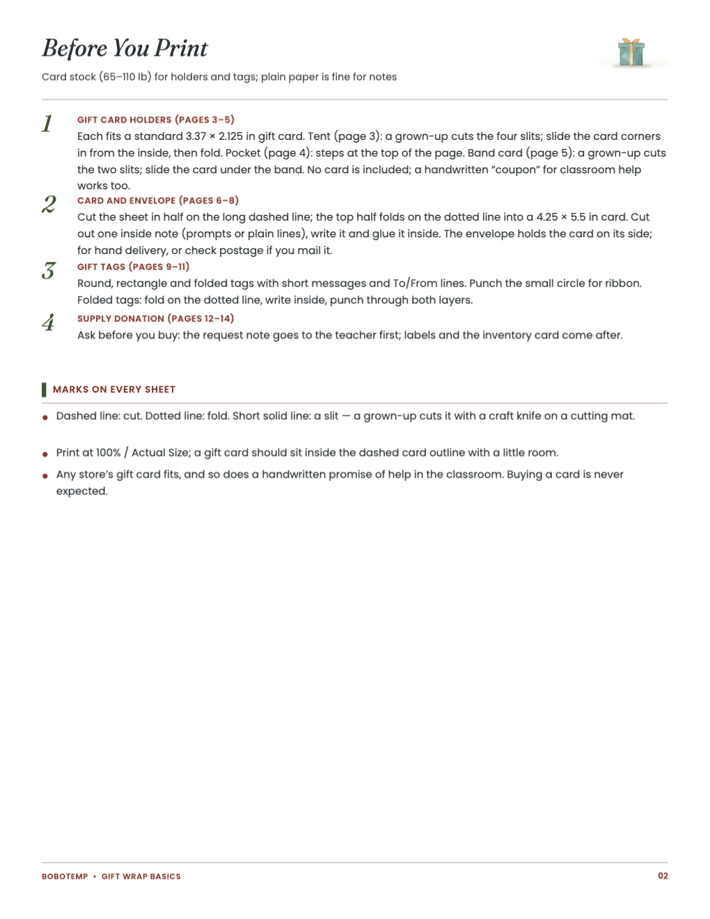 Before You Print guide for the holders, card, tags and supply labels