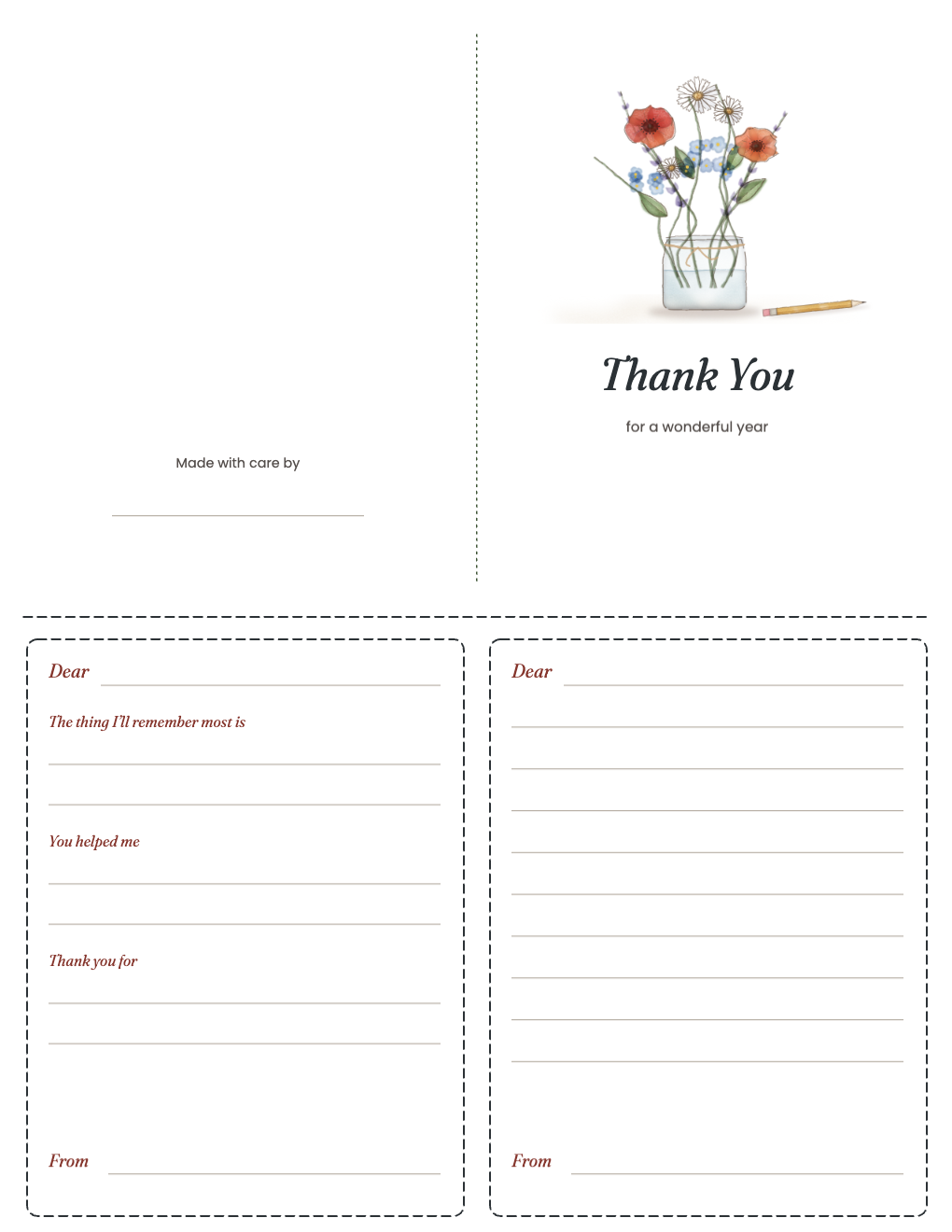 Thank-you card with a painted bouquet and two inside notes