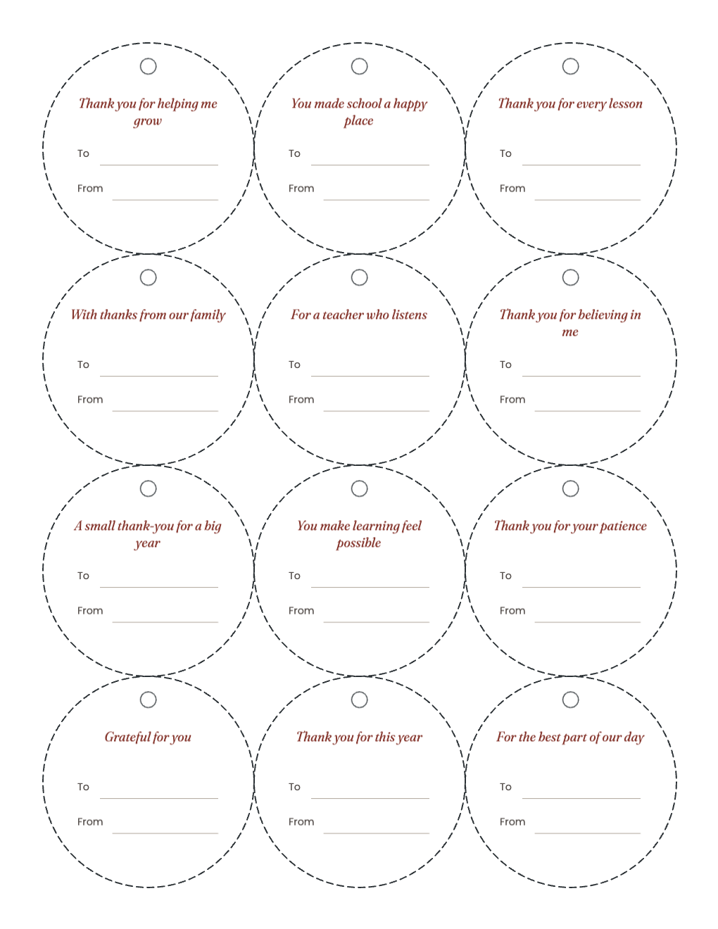 Twelve round gift tags with short messages