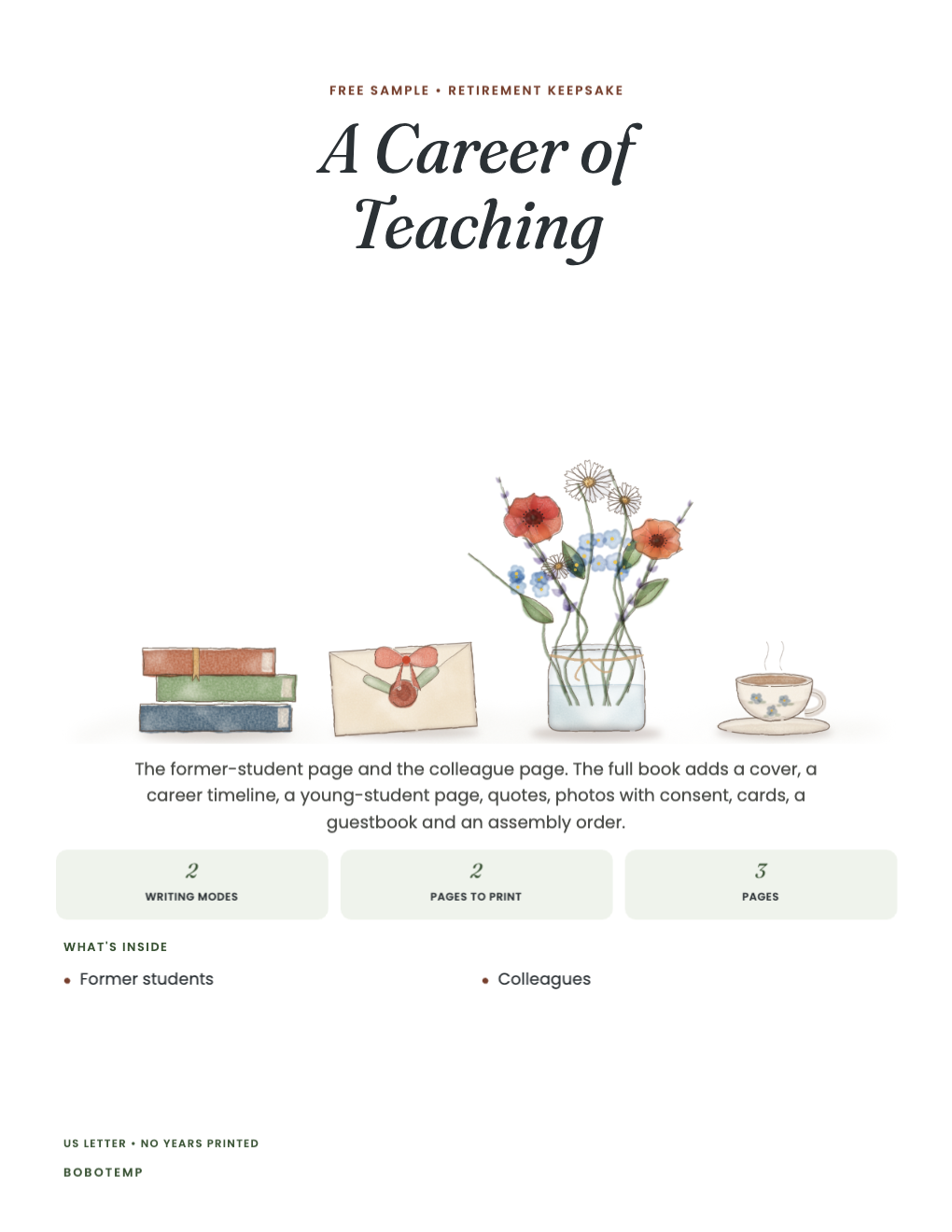 A Career of Teaching sampler cover with painted books, letters and a jar of flowers