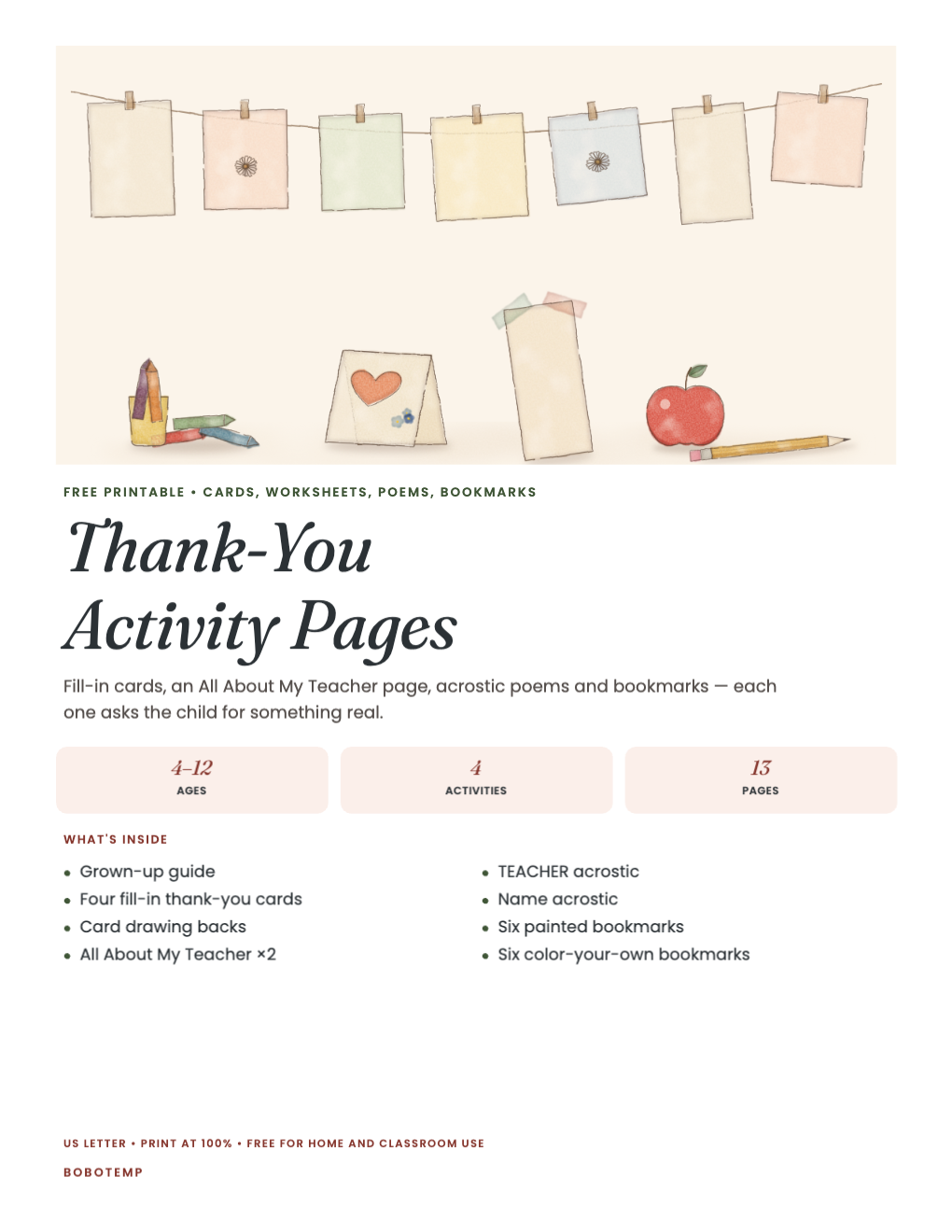 Thank-You Activity Pages cover with painted pinned notes, crayons, a card and an apple