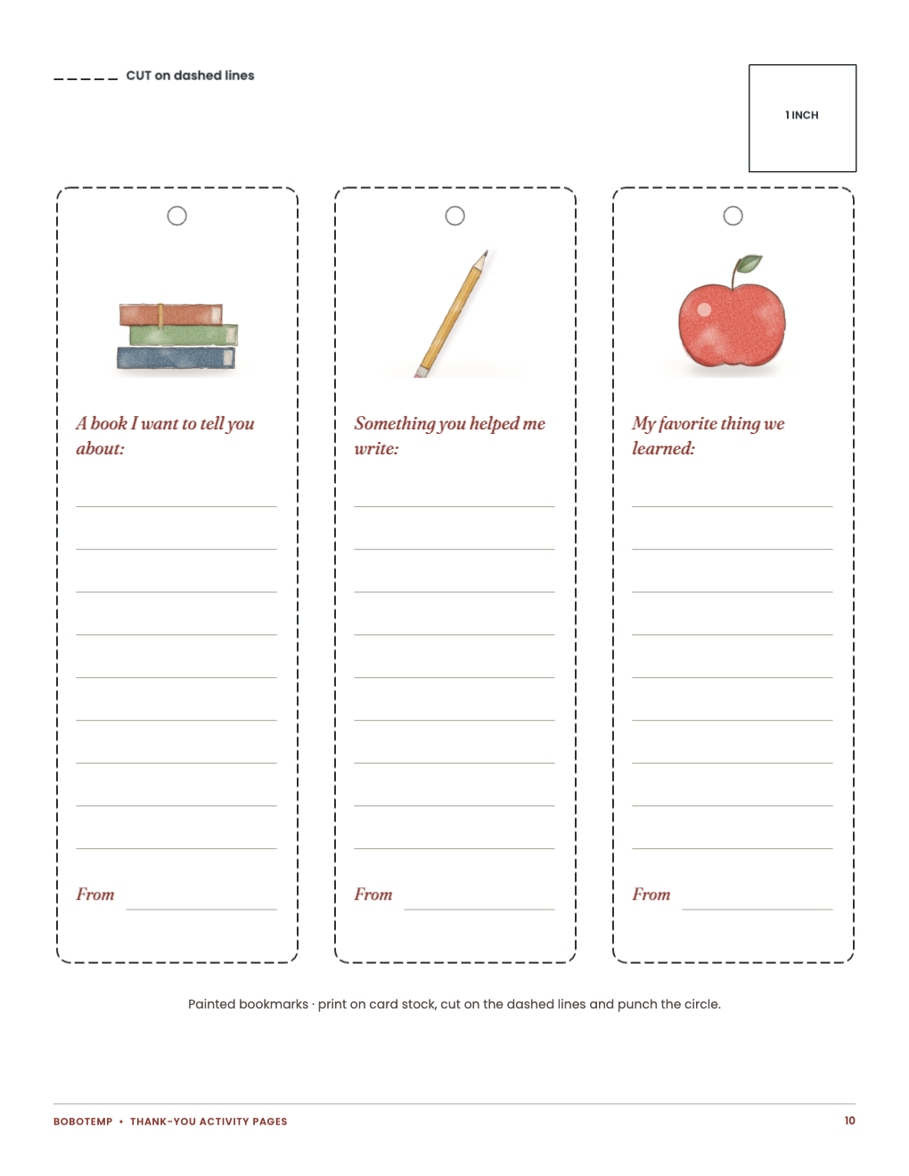 Three painted bookmarks with prompts