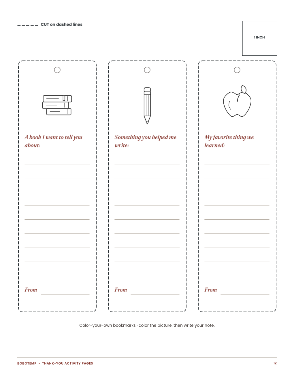 Three color-your-own bookmarks