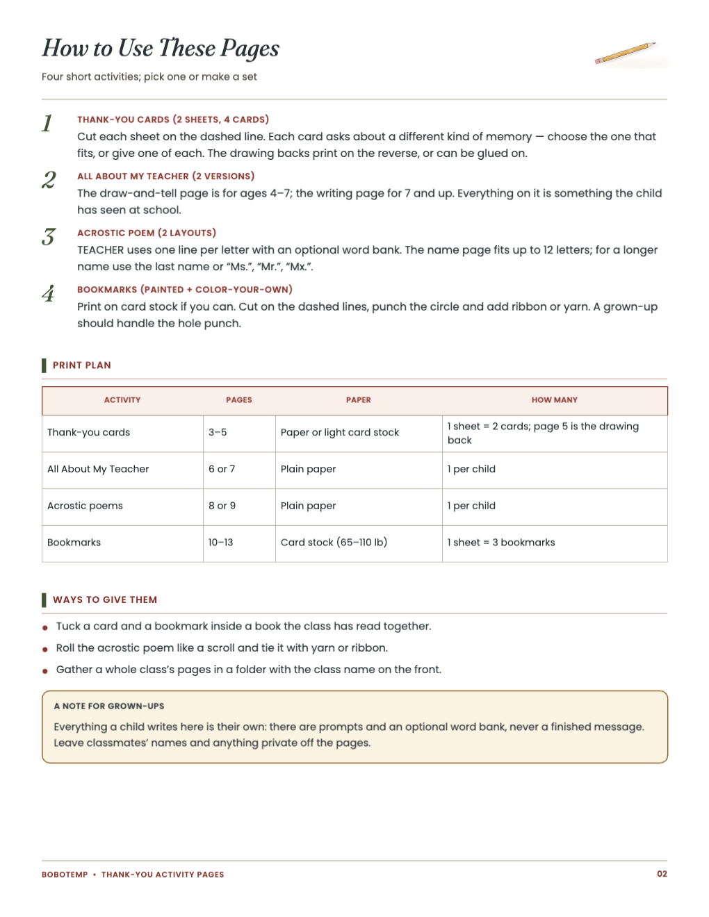 How to Use These Pages: four activities and a print plan